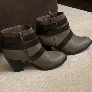 Tan and dark brown booties